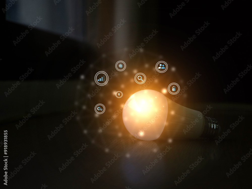 Aufkleber lamp lightbulb bright orange yellow color icon communication technology innovation business intellig