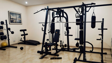 Obraz premium Home gym with equipment and mirror, home gym with exercise equipment, ai generated