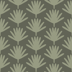 Fototapeta premium Hand drawn abstract desert palm leaves forming a simple pattern of sage green on a forest green background. Great for home decor, fabric, wallpaper, giftwrap, stationery, packaging design projects.