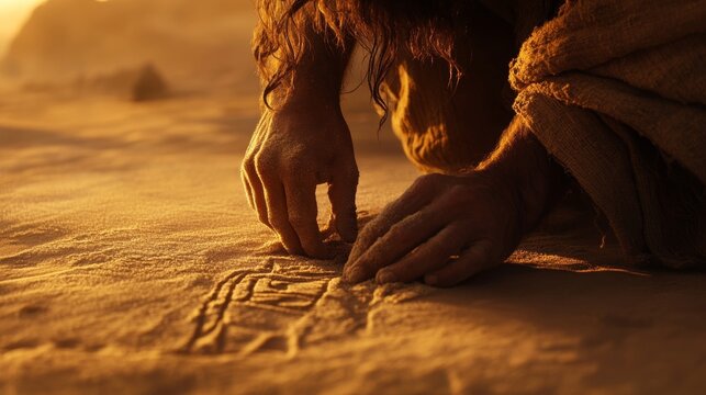 Jesus writing in the sand  religious scene depicting christ s message in the sand