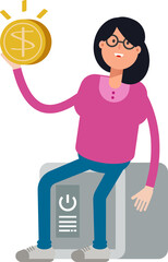 Woman Character Sitting on Safe and Holding Dollar Coin
