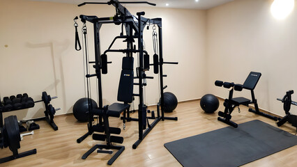 Obraz premium Home gym with equipment and mirror, home gym with exercise equipment, ai generated
