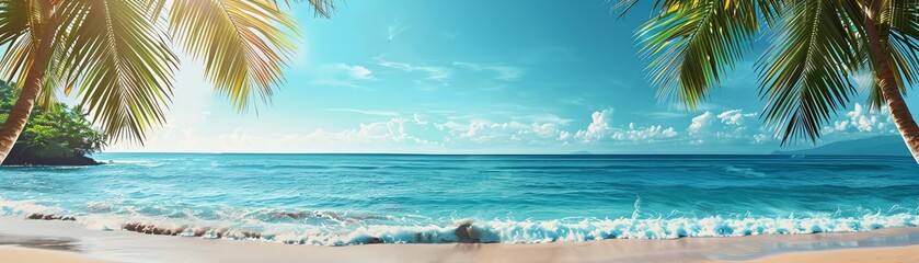 Obraz premium Tropical beach with palm leaves framing clear sky and ocean, wideangle, bright daylight