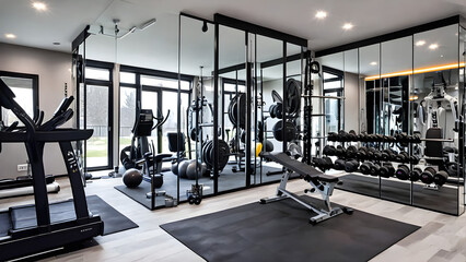 Obraz premium Home gym with equipment and mirror, home gym with exercise equipment, ai generated