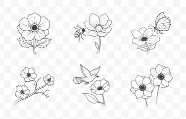Print Elegant Anemone Line Art Vector Set for Detailed Floral Designs and Illustrations
