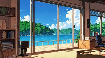 lofi cozy background with anime manga comic style	
