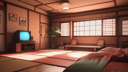 Lofi room, beautiful chill, atmospheric wallpaper. background. lo-fi, traditional japan house. Anime and manga style