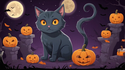 halloween cartoon vectors, 2d, flat, cute, cat