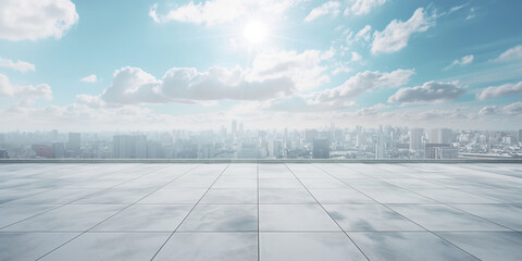 Concrete floor empty space or area in showroom, Background design with blue sky and urban city for product display and concept of car sale.
