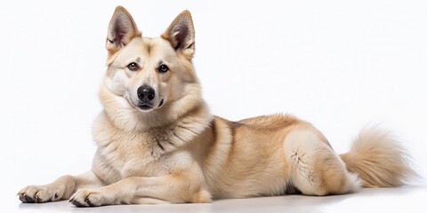 Adorable Norwegian Buhund dog with wolf-like features, erect ears, and curly tail, posing against a clean white background with a playful expression.