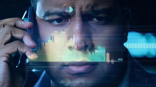 A determined look on the face of an investment banker as they make a highstakes phone call surrounded by screens displaying stock market data.