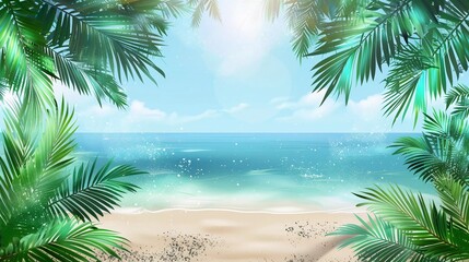 Fototapeta premium Beach with ocean and palm leaves isolated on transparent background which is very beautiful