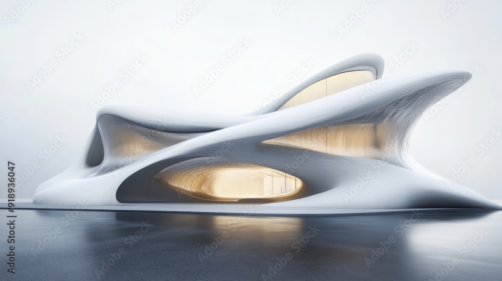 Poster modern architectural structure with curved walls and windows