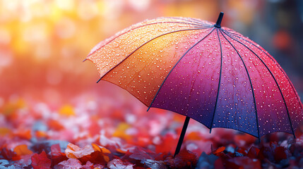 A vibrant umbrella with raindrops stands amidst colorful autumn leaves, showcasing the beauty of rainy days.