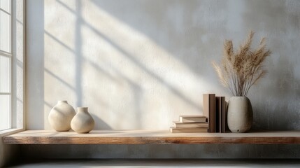 Rustic Wooden Shelf with Vases, Books, and Dried Pampas Grass