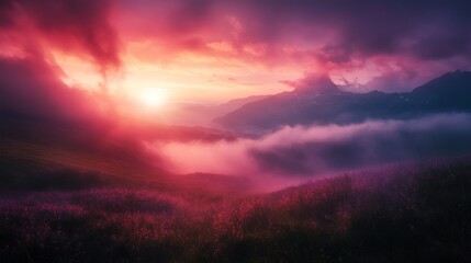 Misty Mountain Sunrise with Pink Clouds and Grass