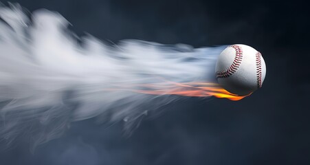 A baseball on fire flies through the air, leaving a trail of smoke. The ball is in focus, with the background blurred.