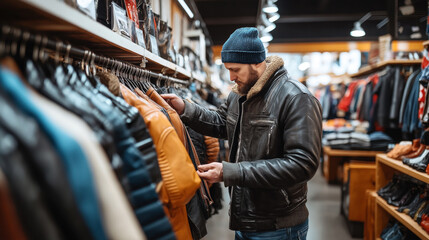 A man wearing a beanie and a leather jacket is shopping for jackets in a clothing store.