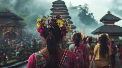 Woman with Flower Crown in Front of Balinese Temples
