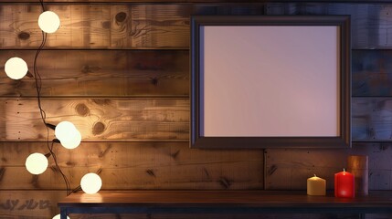 A mockup frame on a warm wooden wall, with cozy lighting and soft textures creating a welcoming atmosphere