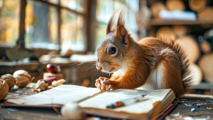 Cute squirrel thinking, frustrated and fed up doing homework at home. Squirrel working at home, happy homework. Funny creative concept for advert, poster, app, web