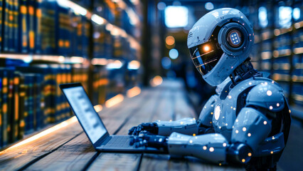 Humanoid robot futuristic tech chatbot assistance. Futuristic technology abstract glowing background with lines for network, big data, data center, server, internet, speed.