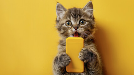 Little kitten shocked hold mobile cell phone isolated on yellow color background. Cute cat holds phone surprised shopping concept