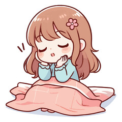 A little kid girl with sleepy face wakes up in the morning, white background. Illustration