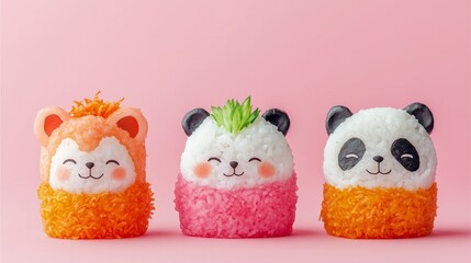 Cute sushi characters with animal faces on pink background.