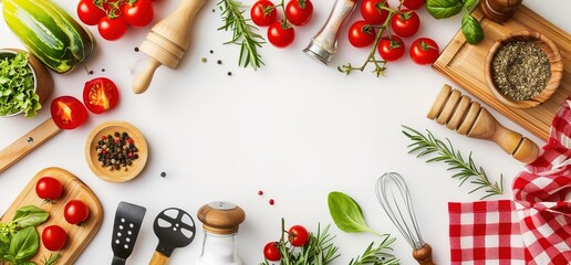 A white background with fresh ingredients and kitchen tools, perfect for recipe or food blog.