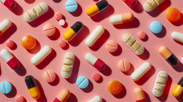 Colorful assortment of various pills and capsules on a pink background arranged artfully