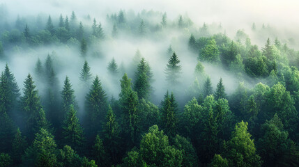 Fototapeta premium Mystical forest shrouded in mist, showcasing vibrant green trees and serene nature, ideal for calming and peaceful designs.