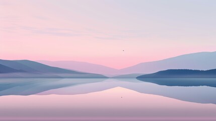 Serene Mountain Lake at Sunrise with Soft Pastel Colors and Reflections of Hills