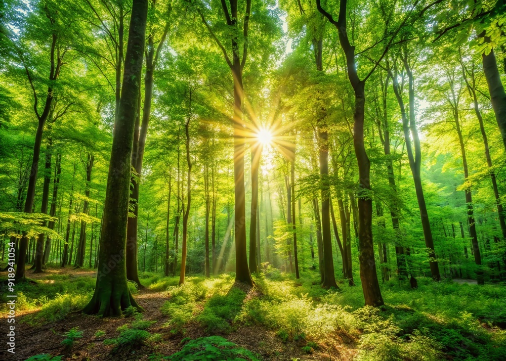 Poster vibrant green forest with sunlight filtering through dense foliage, creating a calming atmosphere id