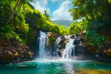 Tropical Waterfall with Lush Greenery.