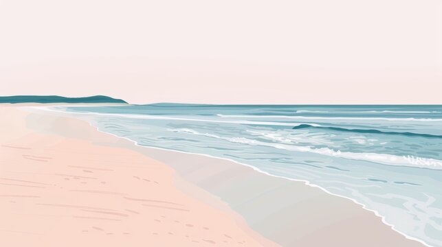 Serene Coastal Beach Illustration. Waves and Sand at Sunset