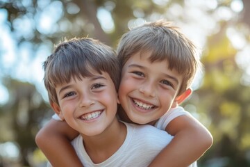 Happy, smile and portrait of brothers with piggyback ride playing in a park together on vacation. Happiness, excited and children bonding in nature while on a summer holiday adventure, Generative AI