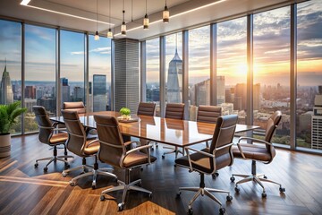 Modern glass office interior with sleek conference table, leather chairs, and city skyline view, perfect for corporate meetings and business discussions.