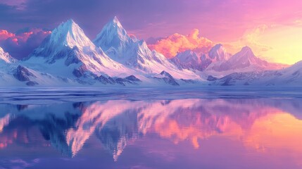 Snowy Mountain Range Reflected in Still Water at Sunset