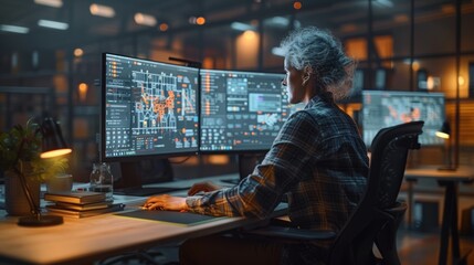 Person working at a dual monitor setup in a modern office space during nighttime