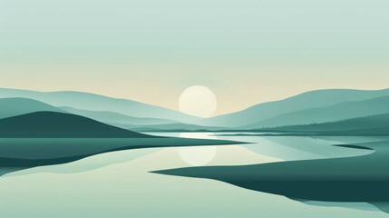 Obraz premium Serene landscape featuring a tranquil river flowing through gently rolling hills at sunrise