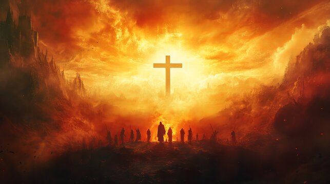 Apocalyptic illustration  jesus christ s return, doomsday, heaven and hell concept