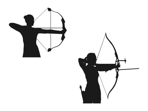 Woman with bow and arrow. set of silhouettes of archery athletes with different poses. Hunter hunting. vector illustration. Archer female vector silhouette illustration isolated on white background.