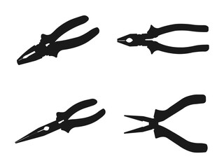 Obraz premium Needle nose Pliers silhouette vector black color isolated. Electrician, construction worker, repairman hand work tool, vector illustration. vector silhouette illustration isolated on white background.
