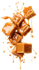 Isolated Caramel Cubes with Drizzling Sauce Isolated Without Background