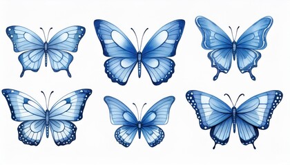 Obraz premium Butterfly collection. Watercolor illustration. Colorful Butterflies clipart set. Baby shower design elements. Party invitation, birthday celebration. Spring, summer decoration. Blue navy color vector