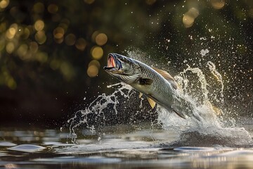 Fototapeta premium A fish leaps from the water, creating a splash of water droplets.