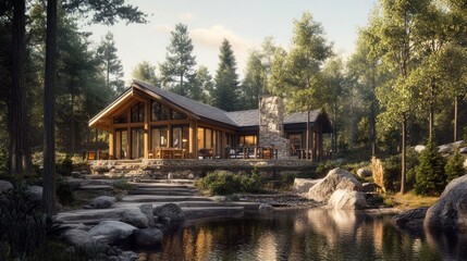 Fototapeta premium A Wooden Cabin with a Stone Chimney Nestled in a Forest by a Lake
