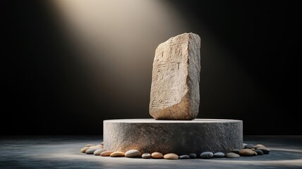 Black stone podium with mysterious artifact, surrounded by illuminated pebble spiral.