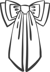 Ribbon bow and tie with knot for hair. Cute black doodle illustration. Vintage hand drawn outline decorative girly accessory. Fashion element for birthday and Christmas